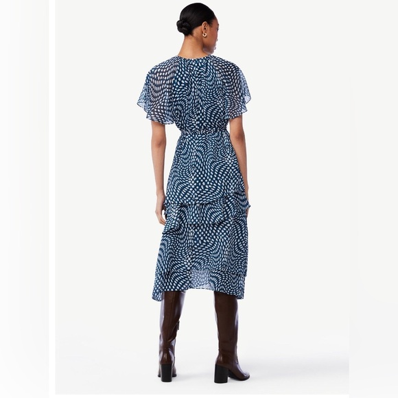 Green & White dotted raglan Sleeve Tie Waist tiered chiffon look dress size smal - Picture 7 of 10